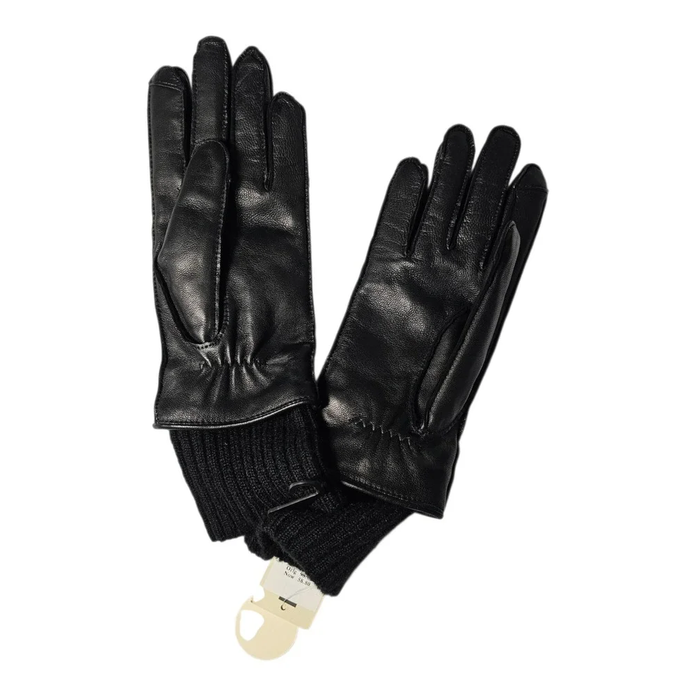 Fownes‎ Brothers Black Leather Knit-Cuff Touchscreen Gloves Size M